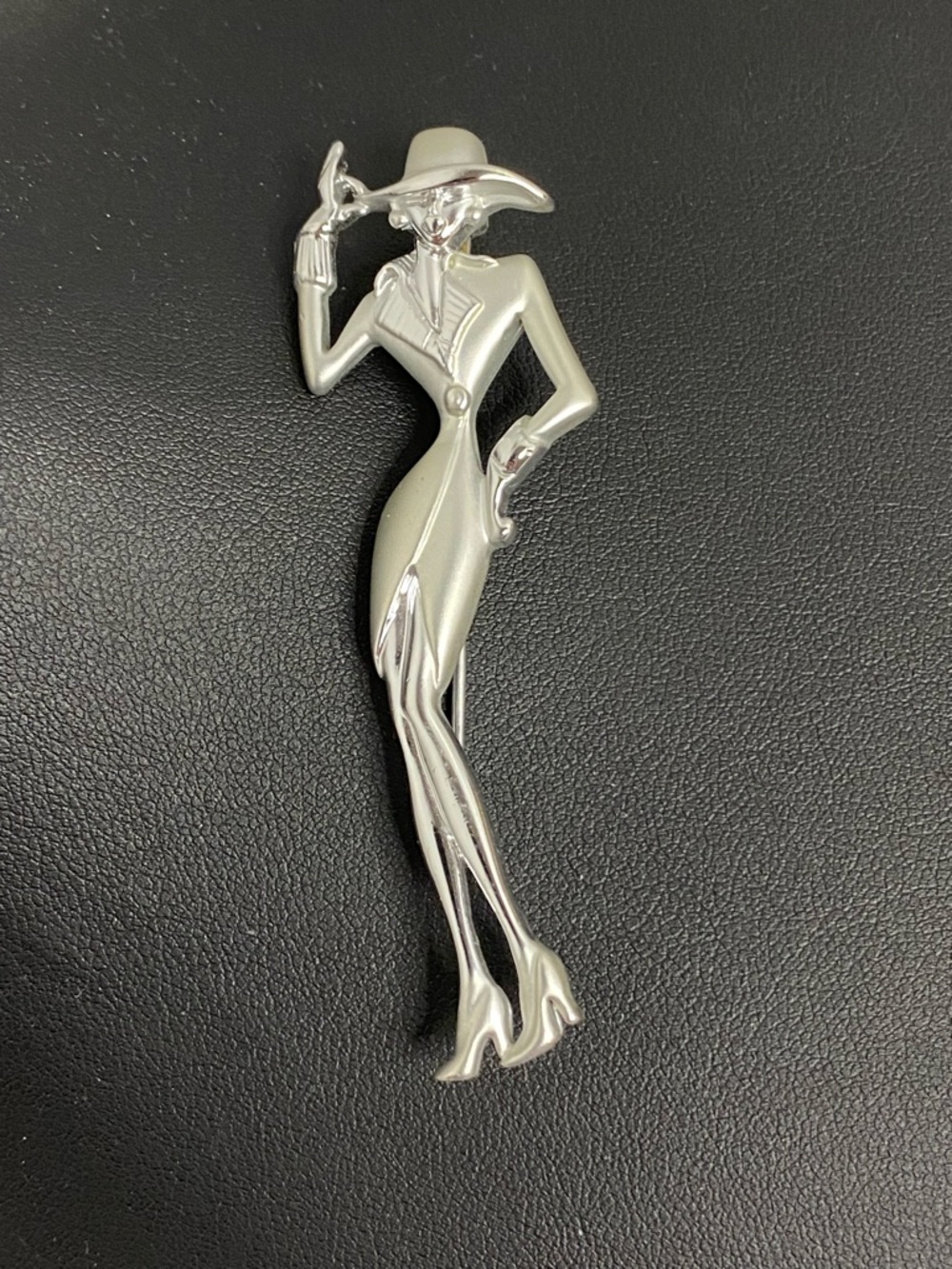 Vintage AJC Figural Lady Brooch Silver Tone Art Deco Style